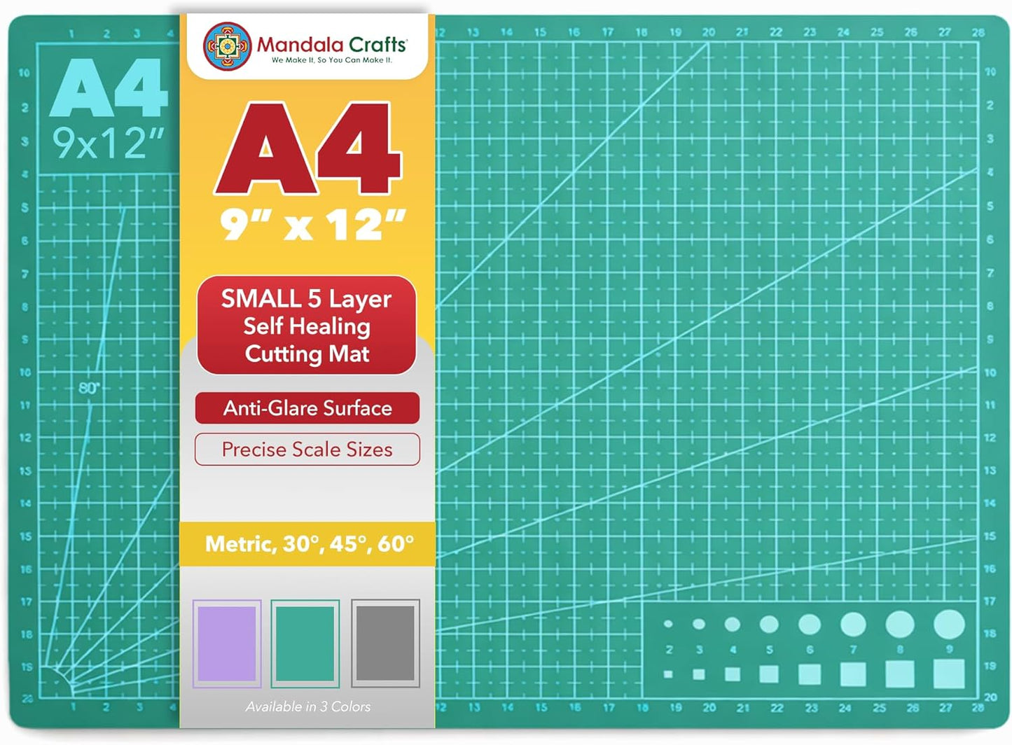 Mandala Crafts Self-Healing Cutting Mat Set – 12" x 18" A3 Green Double-Sided 5-Ply Mat with Fabric Cutter, Quilt Ruler & Craft Knife for Sewing, Quilting, Leather & Scrapbooking