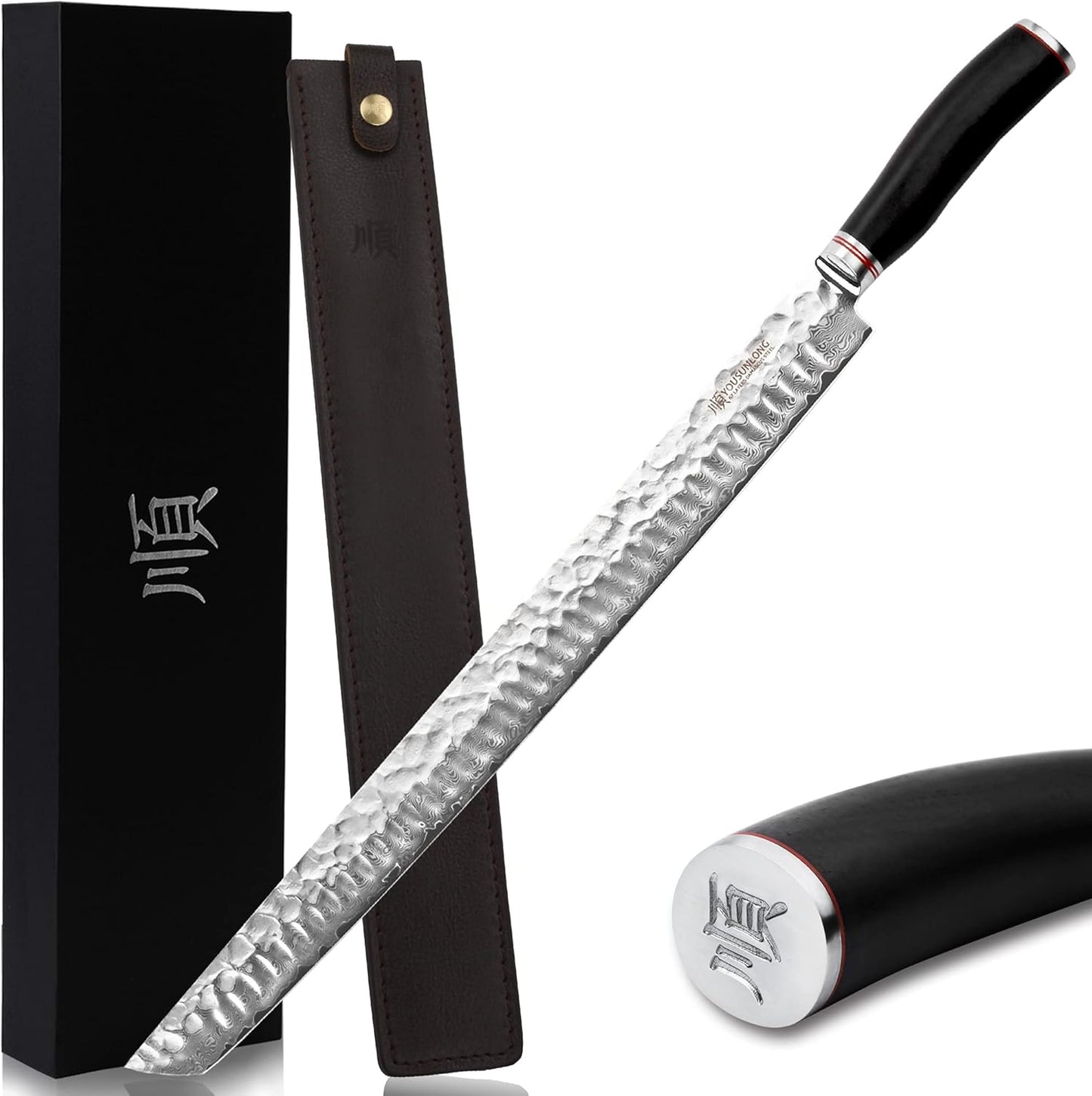 YOUSUNLONG Sakimaru Knife 15 inch(380mm) Ultimate Japanese Damascus Steel Fillet Knives Suitable for cutting tuna and salmon-Natural Ebony Handle With Leather Sheath
