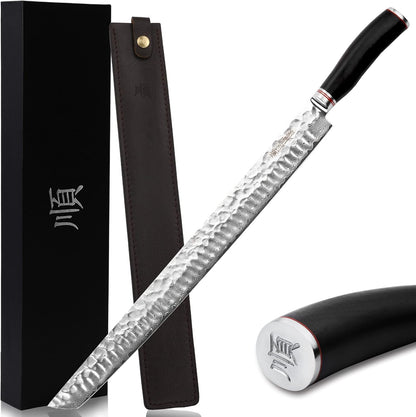 YOUSUNLONG Sakimaru Knife 15 inch(380mm) Ultimate Japanese Damascus Steel Fillet Knives Suitable for cutting tuna and salmon-Natural Ebony Handle With Leather Sheath
