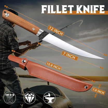 Huusk 9 inch Fillet Knife - Sharp Japanese Fillet Knife for Fish - Professional Flexible Boning Knives for Meat Cutting Trimming - Gift for Men and Women