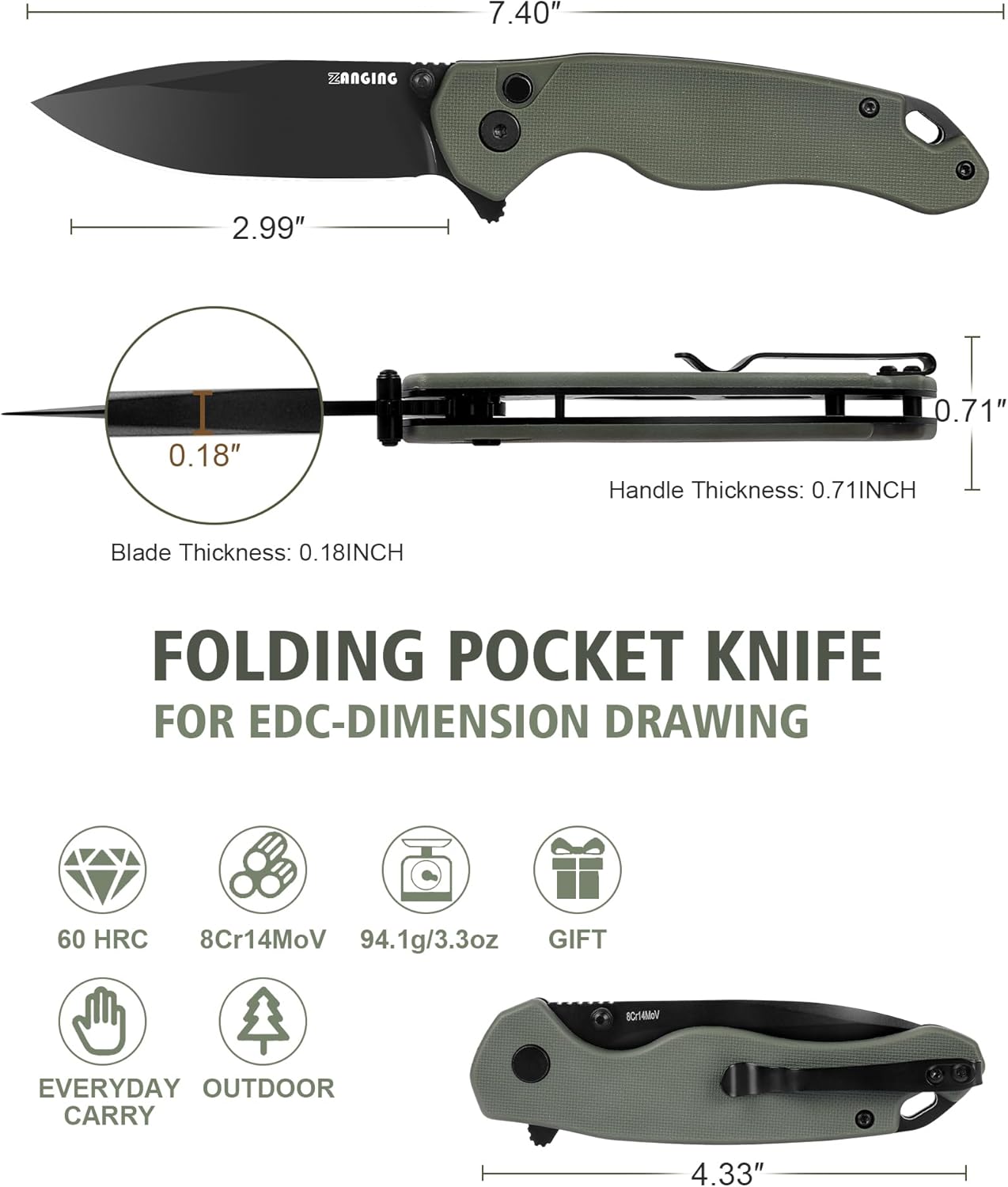 Pocket Folding Knife(EDC)- With 2.99” 8Cr14MoV Steel Blade and G10 Handle,- Lightweight Folding knives with Clip for Camping, Hiking, Hunting Survival Multi-Knife (Green)