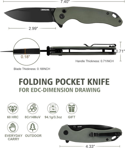 Pocket Folding Knife(EDC)- With 2.99” 8Cr14MoV Steel Blade and G10 Handle,- Lightweight Folding knives with Clip for Camping, Hiking, Hunting Survival Multi-Knife (Green)