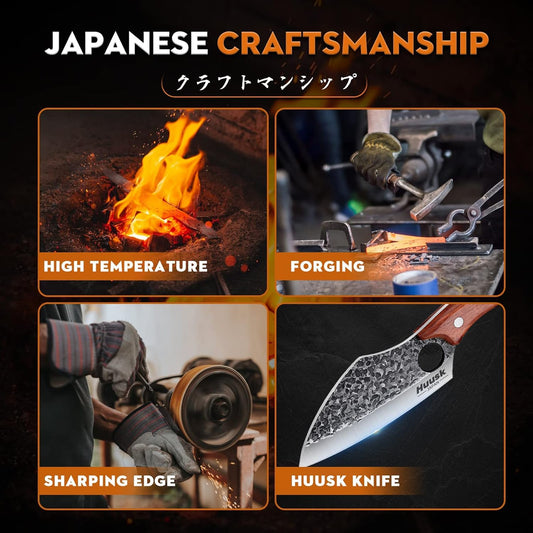 Huusk Japanese Kitchen Knife Set 6pcs with Gift Box, Butcher Knife Set for Meat Cutting, Cooking Knives with Meat Cleaver, Chef Knives Professional, Cool Mens Gift