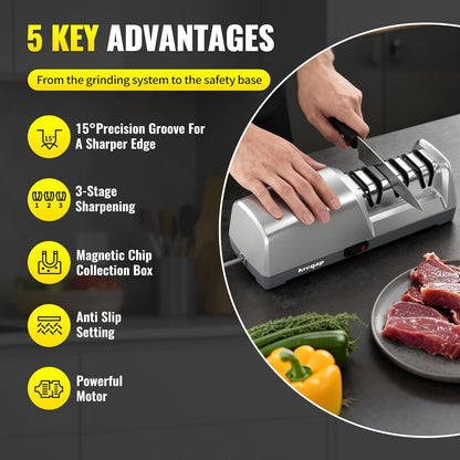 Electric Knife Sharpener for Kitchen Knives, Professional 3-Stages with 100% Diamond Abrasive, 15-Degree EdgeSelect Angle & Fast Sharpening, Repair, Restore, Polish