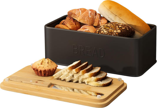 FILWH Metal Bread Box with Bamboo Cutting Board Lid, Bread Box with Bread Knife for Kitchen Countertop Countertop Storage for Homemade Bread, Bagels & Muffins (White, M)