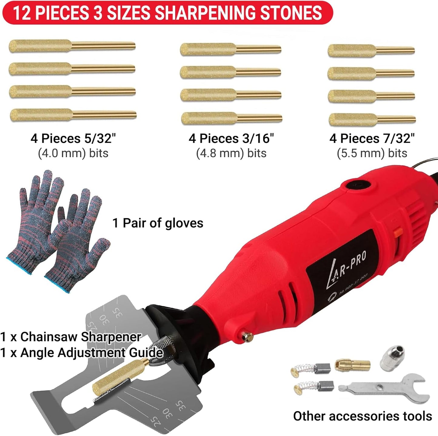 AR-PRO Electric Chainsaw Sharpening Kit 110V/180W, High-Speed Chainsaw Sharpening Tool, Includes 5-Speed Chainsaw Chain Sharpener with 3 Sizes Diamond Sharpening Wheels and Angle Adjustment Guide