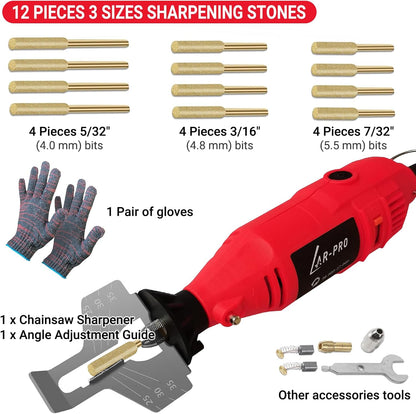 AR-PRO Electric Chainsaw Sharpening Kit 110V/180W, High-Speed Chainsaw Sharpening Tool, Includes 5-Speed Chainsaw Chain Sharpener with 3 Sizes Diamond Sharpening Wheels and Angle Adjustment Guide