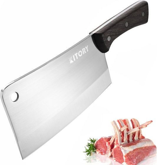 Meat Cleaver, Chinese Chefs Kitchen knife, bone chopper, full tang butcher chopping knife with hanging hole, wooden handle, German Steel, for home and resturant
