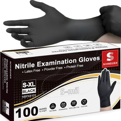 Schneider Black Nitrile Exam Gloves, 5 Mil Disposable Gloves, Latex Free & Powder Free, for Medical, Cleaning, Food Prep