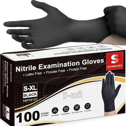 Schneider Black Nitrile Exam Gloves, 5 Mil Disposable Gloves, Latex Free & Powder Free, for Medical, Cleaning, Food Prep