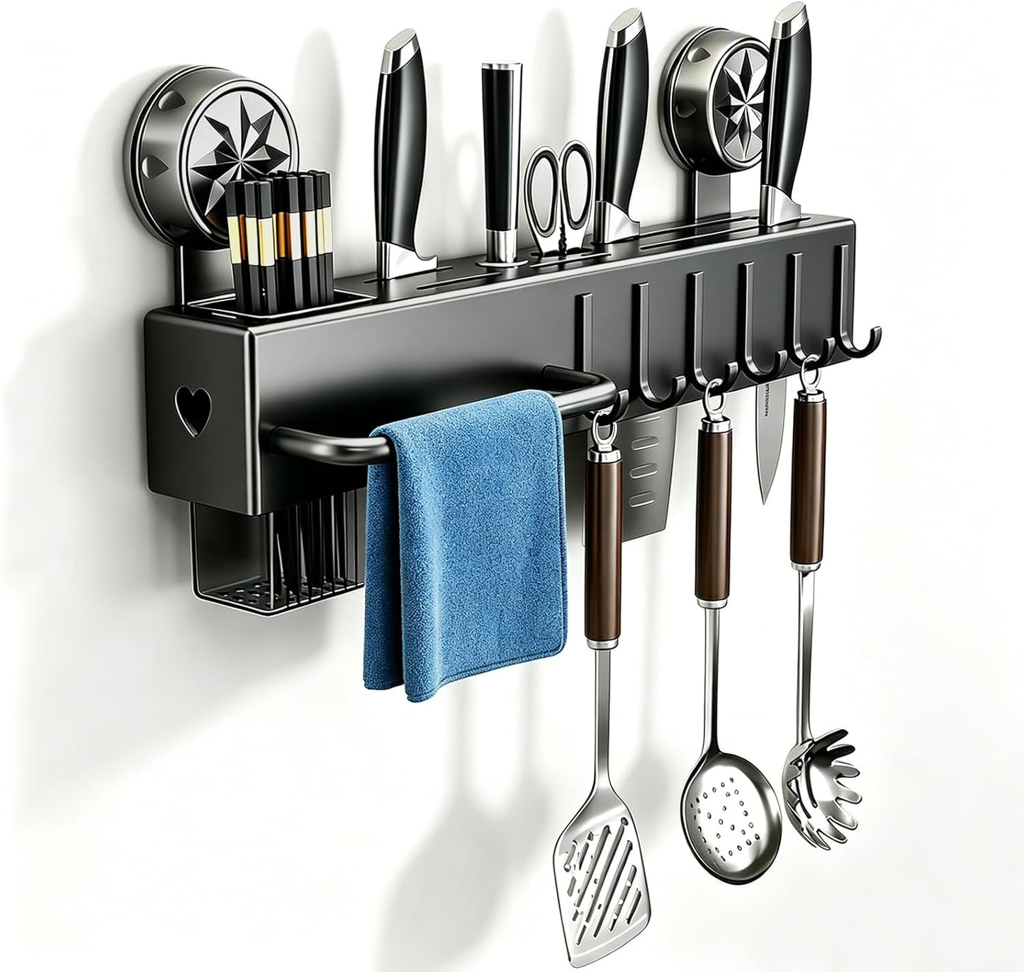 19.7" Drill-Free Wall-Mounted Knife Holde, Carbon Steel Knife Holder Rack with Self-Adhesive, Black Space Saving Utensil Organizer with Hooks & Hanging Bar, for Knife Storage, Scissors, Spatula