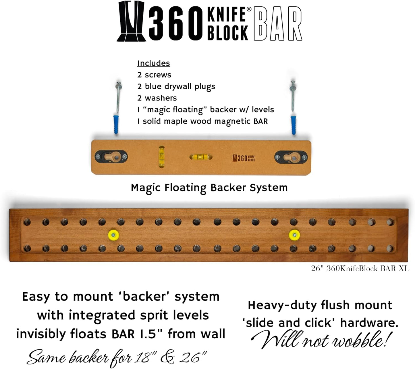 360KnifeBlock magnetic knife BAR - Guitar Wood - 2 Rows of Magnets, 'magic floating backer' w/level system, 2"screws - handmade in Washington (Guitar wood, 18" wide)