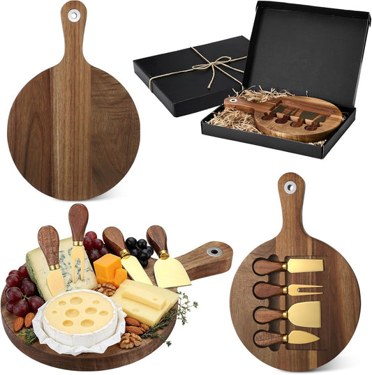 Acacia Cheese Board and Knife Set Including Stainless Steel Cheese Tools with Slicer and Cutters for Platter Cutting Serving Plate Tray Housewarming Wedding Gift