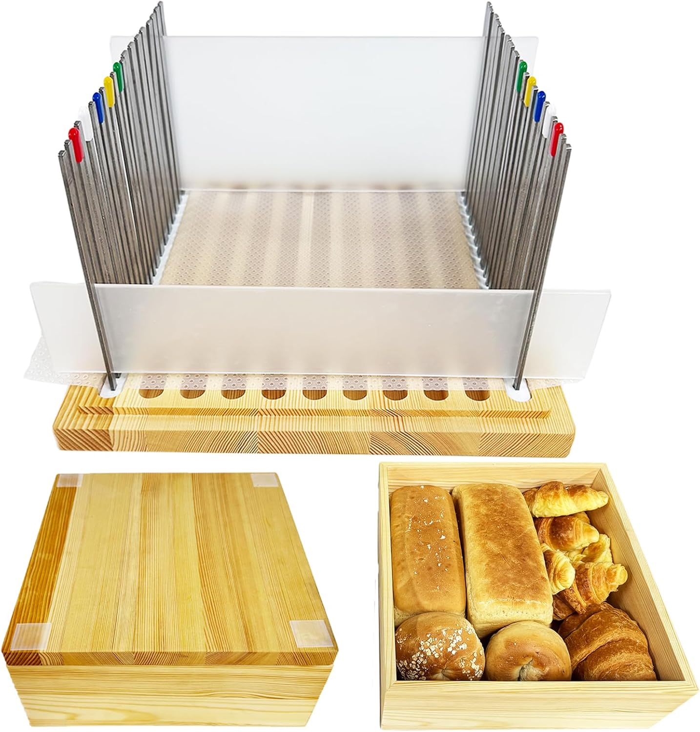 Wooden Bread Slicer for Homemade Bread, Stainless Steel Bread Slicing Guide with 20 Liners, 2 Thickness Cutting Guide with Crumb Tray, 7in Adjustable Width for Bread (7inch Slicer)