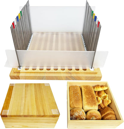 Wooden Bread Slicer for Homemade Bread, Stainless Steel Bread Slicing Guide with 20 Liners, 2 Thickness Cutting Guide with Crumb Tray, 7in Adjustable Width for Bread (7inch Slicer)