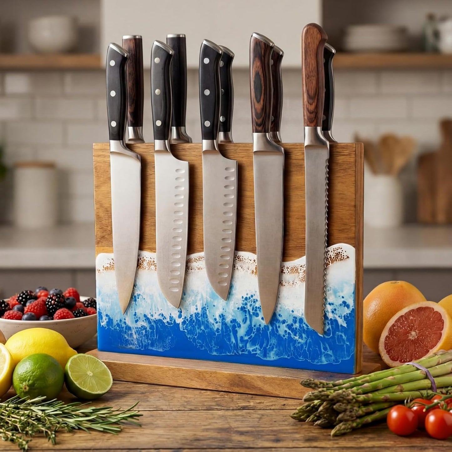 Magnetic Knife Block Double Sided Magnetic Knife Board Acacia Wood Blue Resin Ocean River Magnet Knives Holder Stand for Kitchen Storage Counter Gifts for New Home 13 x 10 Inch Without Knives