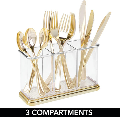 mDesign Plastic Cutlery Utensil Holder Storage Organizer Caddy for Kitchen Countertop Organization - Holds Fork, Knife, Spoon, Silverware - 3 Divided Sections - Hyde Collection - Clear/Brushed