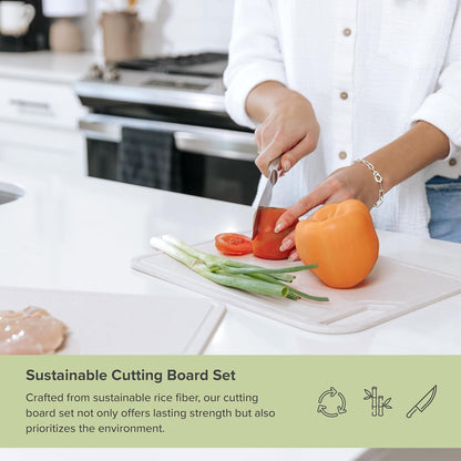 KitchenEdge Rice Fiber Cutting Board Set with Bamboo Stand for Cooking Prep, 2 Piece Kitchen Set, with Juice Grooves and Handles, (13.5x9.5, 15.5x11 in)