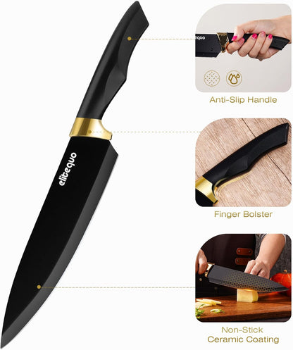 Knife Set With Block,Dishwasher Safe Kitchen Knife Set With Built-In Sharpener,German Stainless Steel Black Knife Block Set(Night Flash Series)
