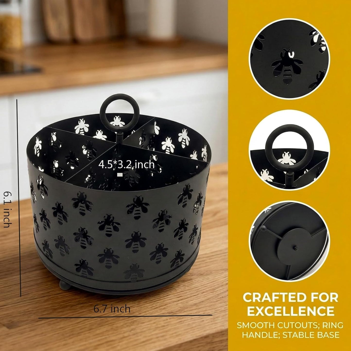 NelyBet 360° Rotating Utensil Caddy With Handle, Cutlery Silverware Caddy Holder Flatware Organizer with 4 Compartment For Kitchen Countertop Party Office Black