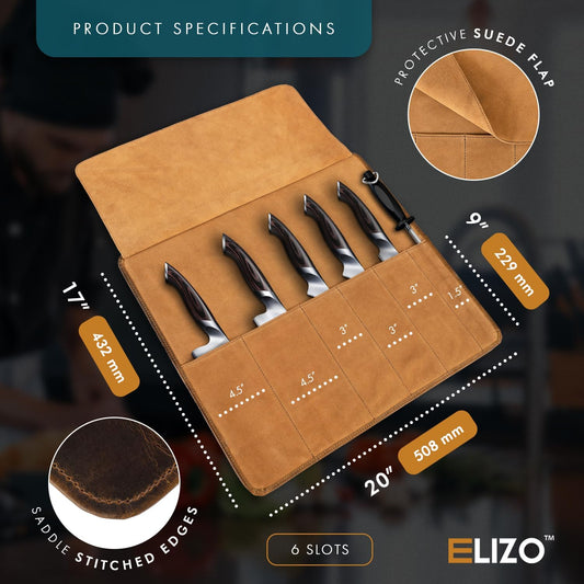 ELIZO Leather Knife Roll Bag Professional Chef Knife Case, Durable Knife Sheath Holder, Cooks & Culinary Tools Carrying Storage, Portable Knife Wrap - 4 Slots