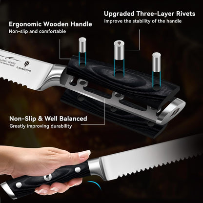 10" Bread Knife - Sourdough Slicing Knife Professional 5Cr15MoV Stainless Steel Serrated Knives, Ergonomic Wood Handle & Full Tang Design, Gift Box Included (Single-Edge