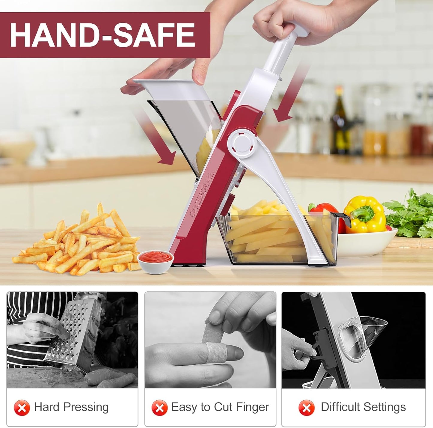 5 in 1 Safe Mandoline Slicer for Kitchen, Safe Vegetable Chopper, Paring Knife, Adjustable Thickness, Easy to Clean, Vegetable Slicer, Slicing, Strips, Shredding, Dicing, Chop (Black Knight)