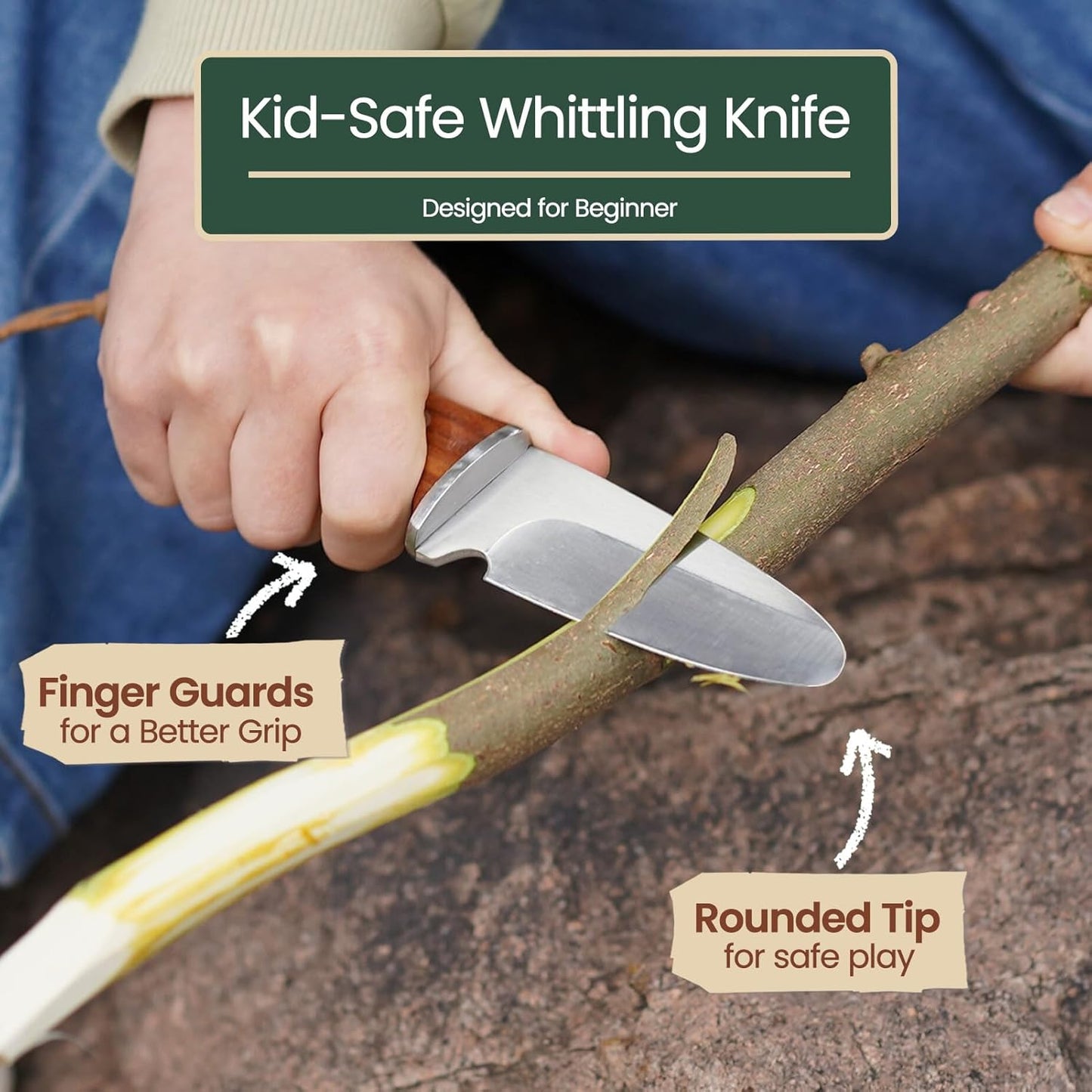 Kibbidea Kids Whittling Knife Set, Safe Kids Wood Carving Knife with Rounded Tip & Sheath, STEM Woodworking Kit with Wooden Boat DIY Project, Beginner Camping Bushcraft Knife for Boys & Girls