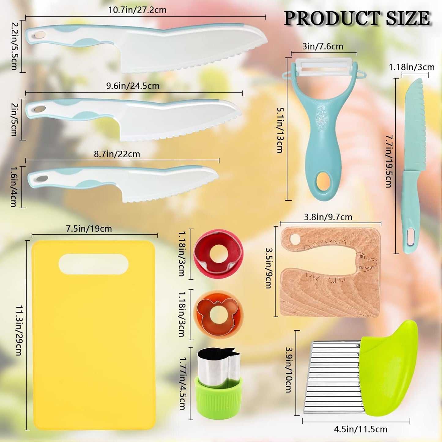 RISICULIS 11 Pieces Wooden Kids Kitchen Knife, Blue Kids Knife Set Include Wood Kids Knife, Serrated Edges Plastic Toddler Knife, Crinkle Cutter, Sandwich Cutter, Y Peeler, Cutting Board