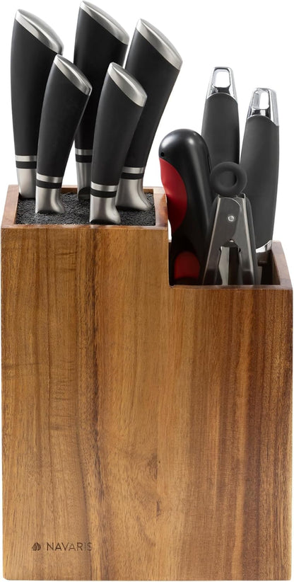 Navaris Bamboo Kitchen Knife Block - Magnetic Rotating Bristle Knife Holder - Universal Knife Block Storage Stand with Bristles - 9.8" x 4.9" x 4.9"