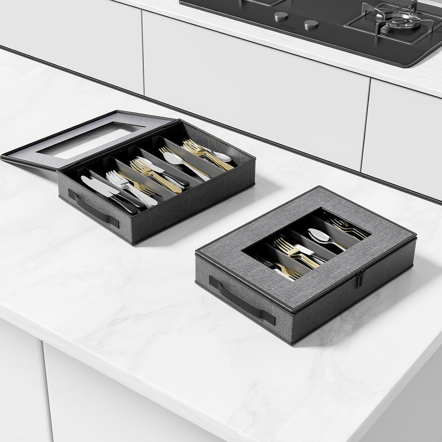 Aokeyee 2-Pack Silverware Storage Box, Sturdy Flatware Organizer with 5 Compartments & Adjustable Dividers, Utensil Case with Clear Lid & Handle for Knives, Forks & Spoons, Gray