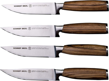 Schmidt Brothers - Zebra Wood 4-Piece Jumbo Steak Knife Set, High-Carbon German Stainless Steel Cutlery in a Wood Gift Box