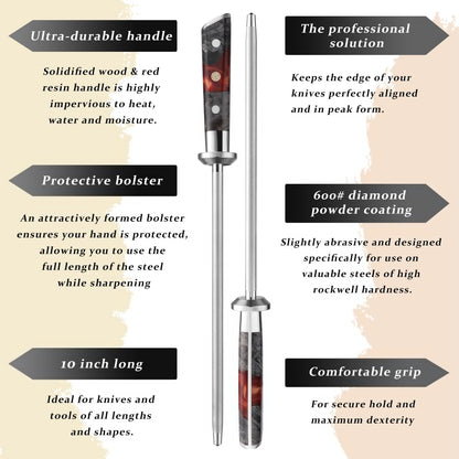 Inferuno 10-Inch Sharpening Rod – Premium #600 Grit Powdered Diamond Coating – Red Resin and Stabilized Wood Handle for Professional Knife Honing