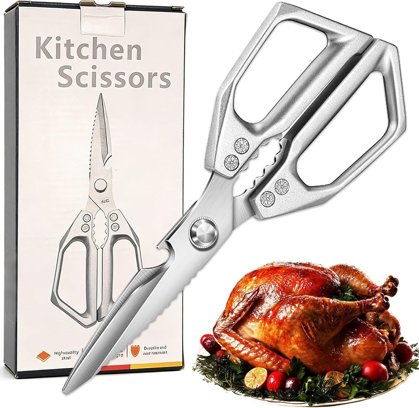 Stainless Steel Kitchen Scissors, Kitchen Scissors All Purpose, Stainless Steel Cooking Aid Scissors Heavy Duty Poultry Shears Sharp Silver Meat Scissors Dishwasher Safe