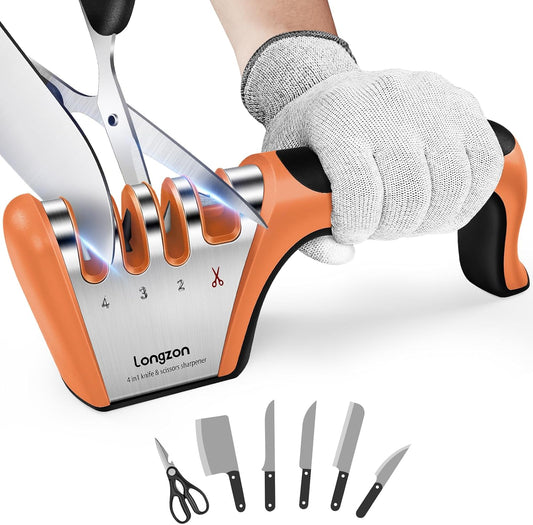Longzon 5-in-1 Knife Sharpener 4 Stage with Cut-Resistant Glove, Quickly Sharpens & Restores Dull Blades, Easy & Safe for Home Kitchen Use, Fits Most Knives and Scissors, Black+Silver