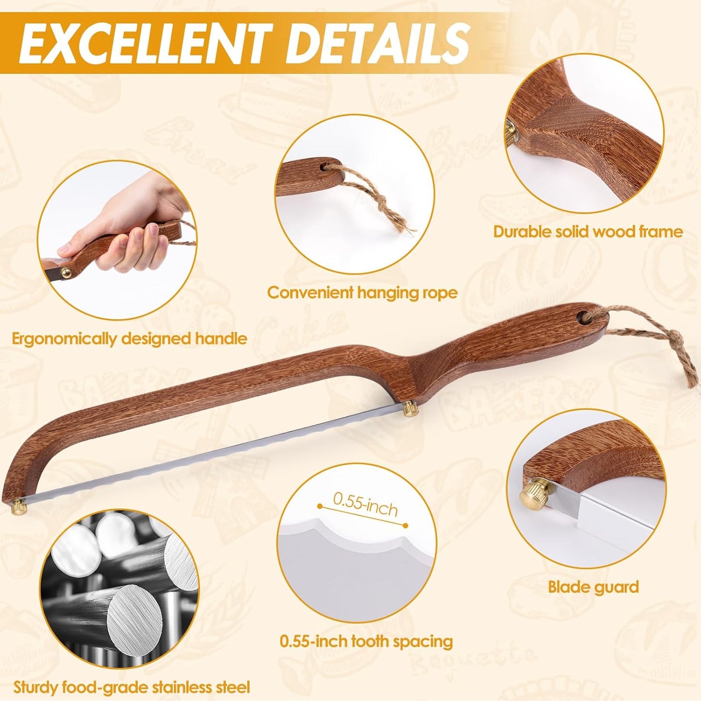 NANYI Sourdough for Even Slicing – Bow Bread Knife with Wooden Handle, Bread Cutter for Homemade Sourdough Loaves, Precision Bread Saw for Artisan and Homemade Bread (right hand)