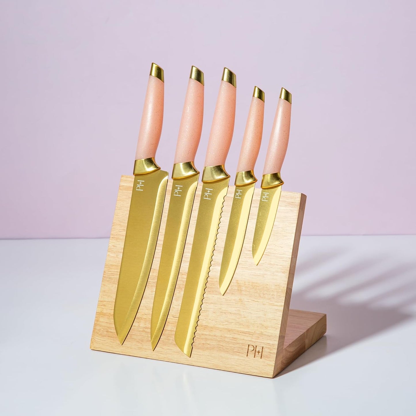 Paris Hilton Knife Block Set with Magnetic Wooden Knife Block, High Carbon Stainless Steel Blades with Titanium Coating, Sleek Comfortable Grip Handles, 6-Piece Set, Pink and Gold