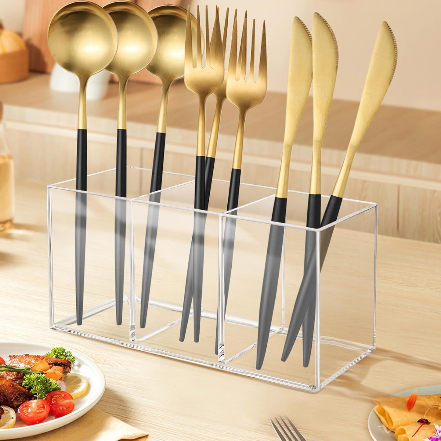 Vowcarol Acrylic Silverware Caddy Cutlery Storage Organizer Bin Clear 3 Compartments Tableware Storage Box for Kitchen Countertop, Knife Spoon and Fork Holder