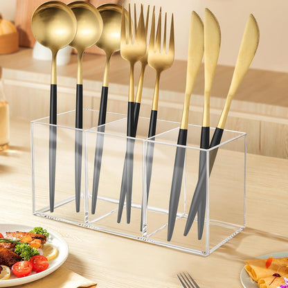 Vowcarol Acrylic Silverware Caddy Cutlery Storage Organizer Bin Clear 3 Compartments Tableware Storage Box for Kitchen Countertop, Knife Spoon and Fork Holder