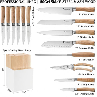 Kangdelun Ultra Sharp 15-Piece Kitchen Knife Set, High Carbon Stainless Steel Blades, Torrefied Brown Wood Handles, Ergonomic Design, Space-Saving Black-Finished Wood Block, Easy Hand Wash, Gift Box