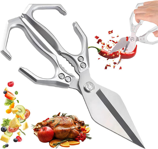 Kitchen Scissors for Food, Scissors All Purpose, Kitchen Shears Heavy Duty, Stainless Steel Cooking Scissors Suitable for Chicken Wings/Bones, Meat, Quail, Fish, Turkey, and Vegetables - Silver