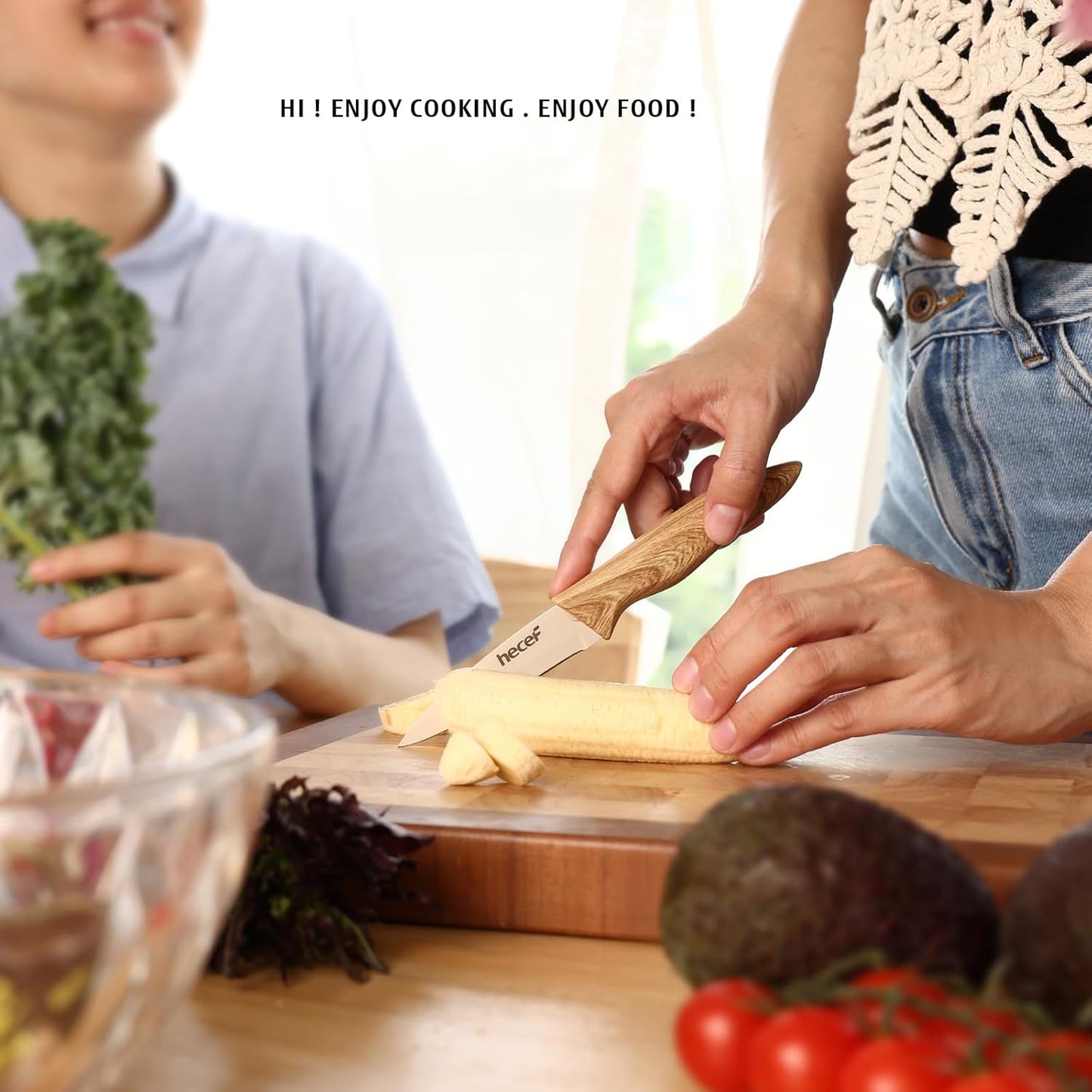 hecef Knife Set of 3, Stainless Steel Blade with Non-stick Coating, Sharp Kitchen Knives Includes Santoku, Utility, Paring Knives