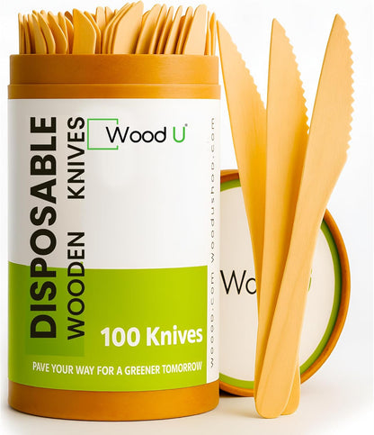 WoodU Disposable Wooden knives 100% All-Natural, Eco-Friendly, Biodegradable, and compostable knives - Pack of 100-6.5" Butter Cheese Knife Wooden Utensil