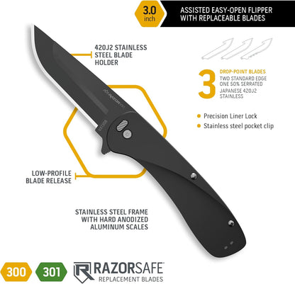 OUTDOOR EDGE RAZOR VX1 | Replaceable Blade EDC Folding Pocket Knife | 3" Stainless Blade, Gray Anodized Aluminum Handle, Reversible Pocket Clip | Outdoor, Camping, Survival, Utility