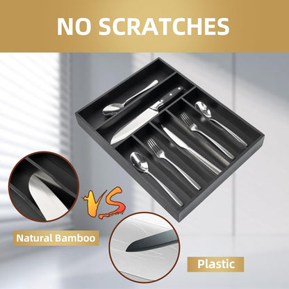 Silverware Organizer Bamboo Kitchen Drawer Organizer Utensil Organizer Silverware Holder Cutlery Organizer in drawer Flatware Organizer Tray (Black 5 Slots)