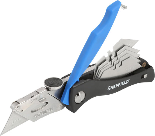 Sheffield Folding Utility Knife, Accepts Standard Utility Knife Blades, Box Cutter, Razor Blades Included, For Home, Office, Trades, and Warehouse