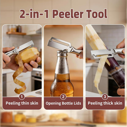 Multifunctional Vegetable Peeler, 2 in 1 Stainless Steel Fruit Veggie Peeler, Handheld Potato Peeler Knife with Bottle Opener Kitchen Tool for Peeling Carrrot Pineapple Pumpkin Papaya(2 Pack)