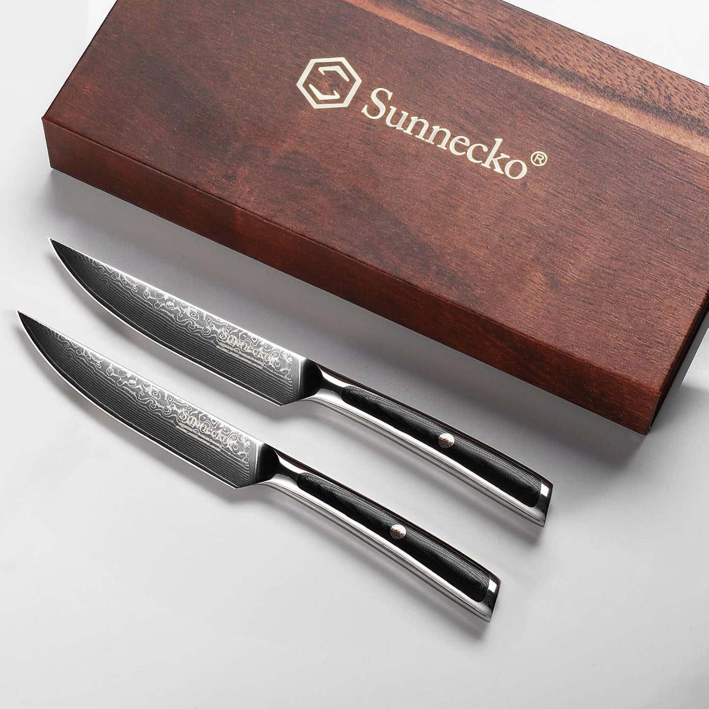 Sunnecko Damascus Steak Knife Set Non Serrated, Japanese VG10 Stainless Steel Steak Knife Set of 2, 5 Inch Steak Knives G10 Handle with Gift Box
