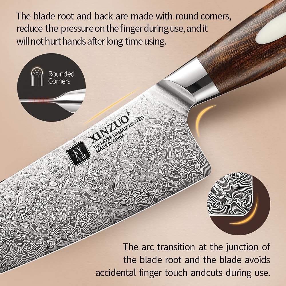 XINZUO 8.3 Inch,110 Layers Damascus Steel Chef Knife Cleaver, Professional Hand Forged Kitchen Cooking Knife,Full Tang,Sharp Slicing Knife Gyuto Knife-North America Desert lron Wood Handle