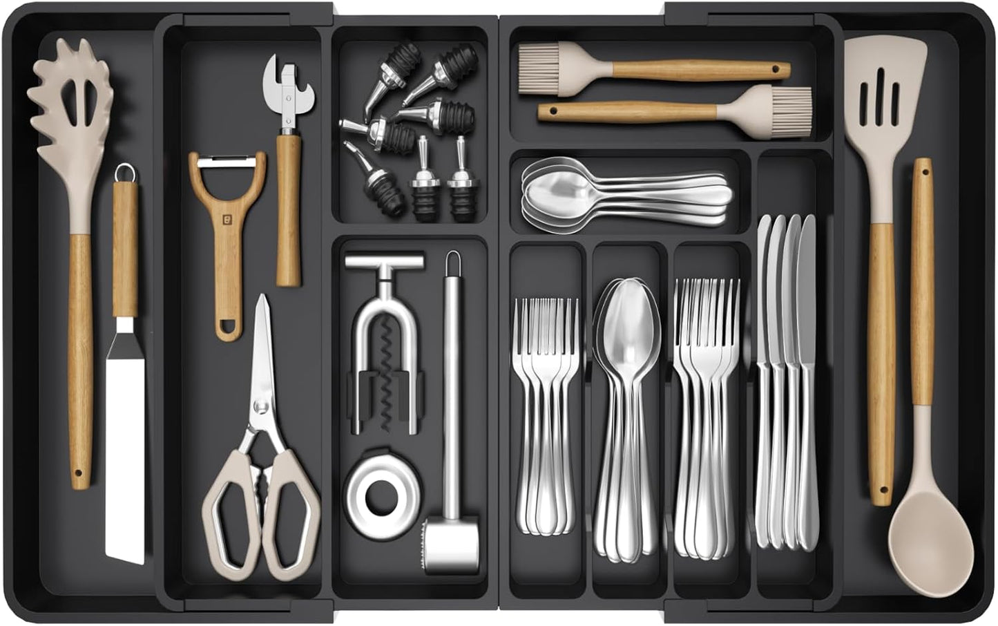 Lifewit Utensil Organizer for Kitchen Drawer, Expandable Cooking Silverware Tray, Adjustable Cutlery Flatware Holder, Plastic Spatula Tools Storage Divider, 14.4 x 15.8", Black